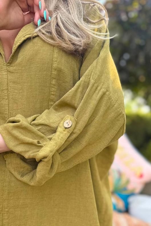 Sandbar Linen Blend Pop Over Shirt Olive